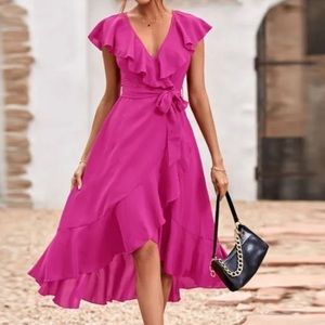 Pink ruffle hem belted midi dress